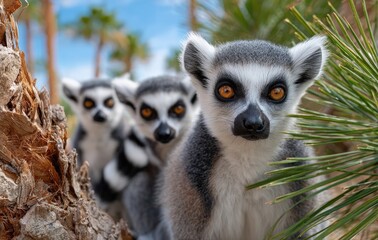 Obraz premium lemurs at the zoo, sitting on straw in their enclosure, posing for photos with orange eyes and black spots on white fur.