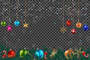 Holiday ornaments hang above pine boughs and candy canes against a transparent, snowfilled backdrop