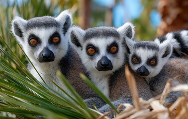 Obraz premium lemurs at the zoo, sitting on straw in their enclosure, posing for photos with orange eyes and black spots on white fur.