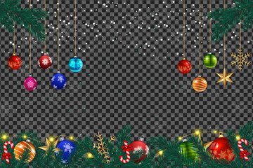 Ornaments hang from above with spruce branches and candy canes on a transparent background