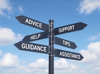 A directional signpost with multiple signs pointing towards advice, support, tips, guidance, and assistance against a blue sky background.