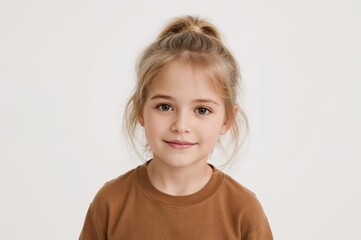 Portrait of a smiling young girl with blonde hair in a ponytail wearing a brown shirt against a white background reflecting childhood innocence and calmness.