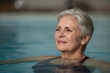 Fototapeta premium Senior woman enjoying hydrotherapy session in swimming pool water for relaxation and wellness, promoting health and fitness activities for older adults.
