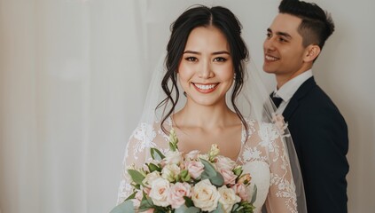 Smiling bride in elegant wedding dress holding bouquet of flowers with groom standing in background wearing dark suit and bow tie, neutral backdrop accentuating joyful moment.
