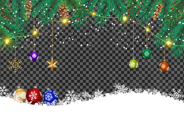Colorful Christmas ornaments hang from pine branches with string lights on a transparent background