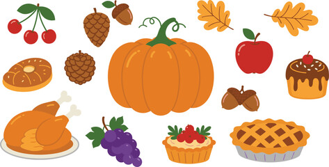 Autumn harvest food illustration, thanksgiving pumpkin and pie vector, roasted turkey, apple, cherry, grape, acorn, fall leaves, bakery dessert design