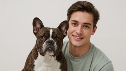 Young man smiling beside a French Bulldog in a neutral background showcasing a close bond between pet and owner