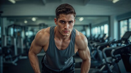 Fototapeta premium Young male athlete performing a workout in a modern gym setting with fitness equipment in the background, showcasing muscular physique and focused expression.
