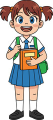Cute cartoon schoolgirl in blue uniform holding book and backpack, smiling student character, education and learning concept, vector illustration