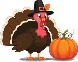 Cute thanksgiving turkey cartoon, pilgrim hat turkey with pumpkin, autumn harvest illustration, festive fall holiday animal vector design, seasonal celebration artwork