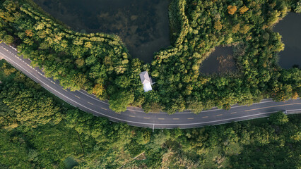 A winding road surrounded by lush greenery and a small house in the middle