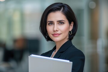 Professional portrait of confident businesswoman holding document folder in modern office setting with soft lighting and blurred background
