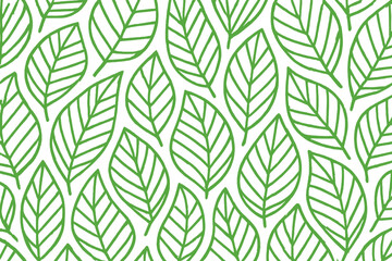 Fototapeta premium Seamless vector pattern with green leaves. Hand drawn linear doodle background. Abstract geometric botanical texture for textile design. Natural, eco, organic cartoon illustration.