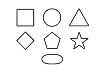 Basic geometrical shapes line icon set. Square, circle, triangle, rhombus, pentagon, star, oval. Minimalist vector outline pictograms for web, ui, ux mobile app design.