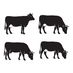Set of four silhouette cattle grazing and standing farm animals livestock agricultural icons silhouette