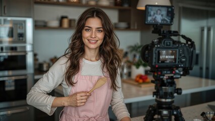 Young woman in pink apron holding wooden spoon while filming a cooking tutorial in a modern kitchen with professional camera setup and bright ambiance