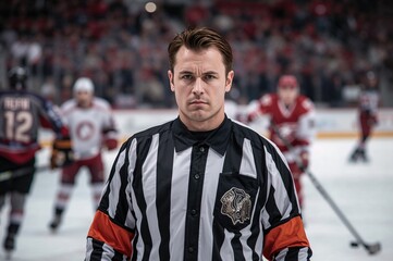Ice hockey referee in black and white stripes with orange arm band standing in foreground with players engaged in game action blurred in background