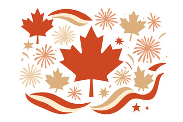 Obraz premium Happy Canada Day vector illustration. First of July national holiday celebration with Canadian flag colors, maple leaf symbols, fireworks, and stars in a retro vintage style.