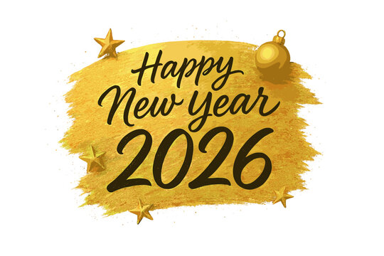 Happy New Year 2026 elegant vector design. Golden brush stroke with calligraphic handwritten text. Holiday greeting and New Year's Eve celebration. Gold stars and bauble. - Powered by Adobe