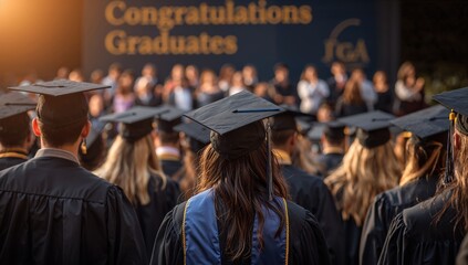 Obraz premium Back view of a diverse group of graduates in caps and gowns at a commencement ceremony with a focus on the celebratory atmosphere and official backdrop displaying congratulations to graduates.