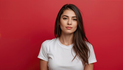 Obraz premium Positive young woman with long brunette hair wearing a casual white t-shirt on a vibrant red background expressing sincere emotions and contemplating an idea