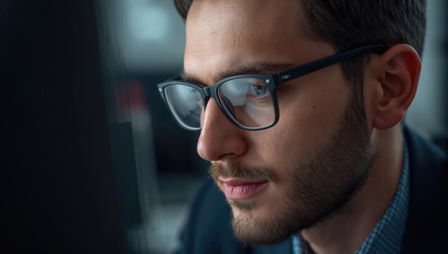 Close up portrait of a focused businessman wearing computer glasses to reduce eye strain and blurred vision while working on a PC screen with computer reflection in a modern office setting.