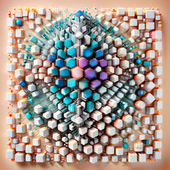 Abstract Light-Colored Cubes and Hexagons Forming a Complex Pyramid Structure
