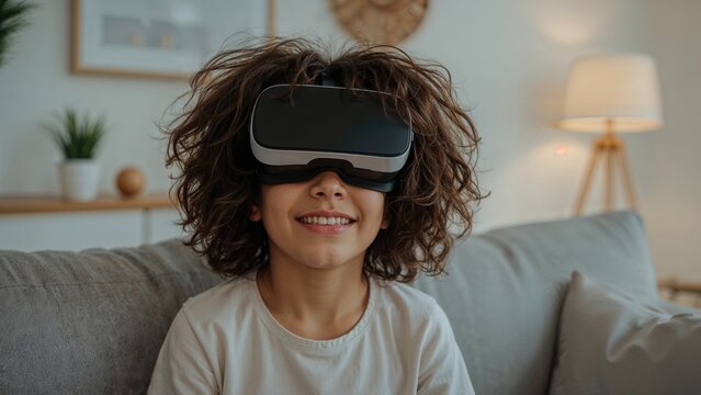 Child with curly hair wearing virtual reality headset smiling while seated on couch in a cozy living room setting with soft lighting and indoor plants. - Powered by Adobe
