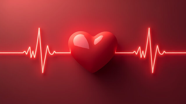 Glowing ECG line pierces central red heart—warm gradient backdrop evokes rhythm, emotion, and vitality.
