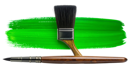 Paintbrush and green paint stroke on white background.