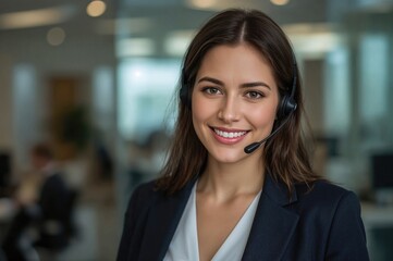 Smiling businesswoman wearing headset in call center environment with modern office background and coworkers engaged in conversation and work.