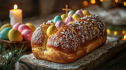 Traditional Easter Bread with Decorated Eggs and Cross, Festive Holiday Baking Still Life on Rustic Wooden Board, Candlelight