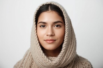 portrait of a young woman with long dark hair wearing a woolen headscarf, neutral expression, soft lighting, isolated against a plain white background