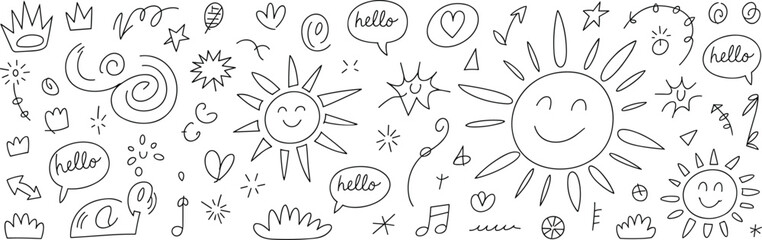 Hand drawn sun doodles, smiling sunshine icons, playful sketch symbols, cheerful cartoon decorations, abstract design pack, flat vector illustration, black and white