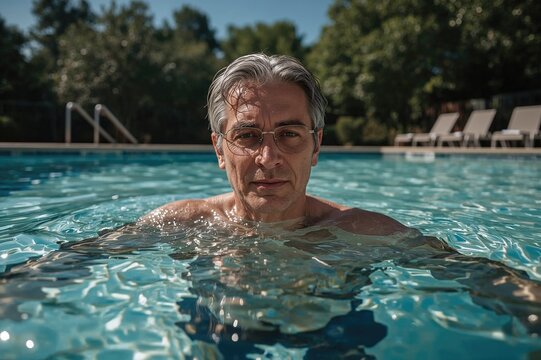 Senior man with gray hair and glasses swimming in a clear pool during a sunny day with lush greenery in the background and poolside lounge chairs visible. - Powered by Adobe