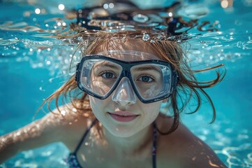 Naklejka premium Young girl swimming underwater in clear pool water wearing a dive mask and facing the camera with hair floating around her in sunlight reflections.