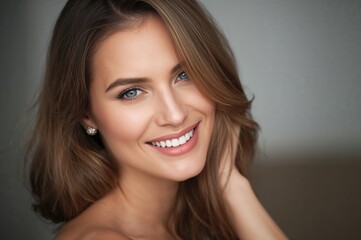Naklejka premium Portrait of smiling woman with long brown hair and blue eyes in indoor setting illuminated by soft natural light, presenting friendly and approachable expression.