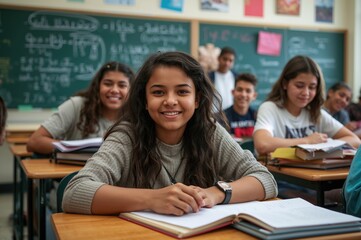 Group of diverse secondary school students in a classroom setting with a smiling girl in the foreground engaged in learning with books and a chalkboard in the background.