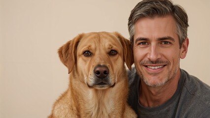 Smiling man with short hair poses closely with a friendly golden retriever, both displaying warm expressions against a neutral background.