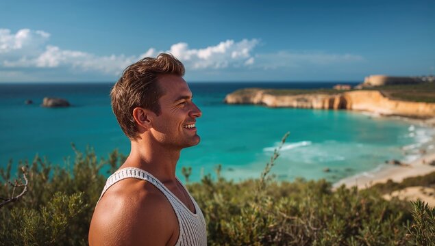 Man standing on a cliff overlooking a vibrant blue sea with sandy beach and rugged coastline under a partly cloudy sky during daytime