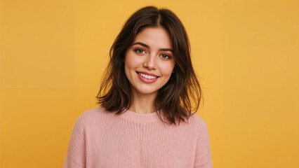 Obraz premium Smiling young woman wearing a light pink sweater poses on a vibrant yellow background showcasing a cheerful expression and modern hairstyle