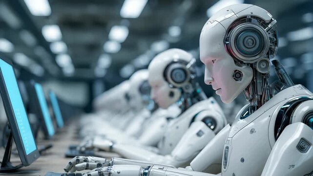 Synchronized white humanoid robots efficiently processing digital data at uniform computer workstations, representing advanced technological automation in a futuristic environment.