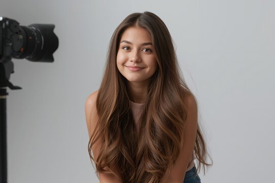 Portrait of a teenage girl with long hair smiling at the camera in a photography studio environment with a lens visible in the background and a neutral backdrop.
