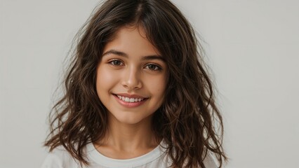 Fototapeta premium Portrait of young girl with curly hair smiling brightly against a neutral background, dressed in a casual white t-shirt, conveying happiness and youthfulness.