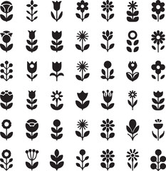 Black and white floral and nature icon set with vector design elements