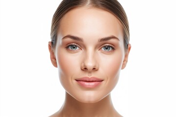 Obraz premium Portrait of a woman with clear skin and natural makeup against a white background highlighting the theme of skin care and beauty routines.