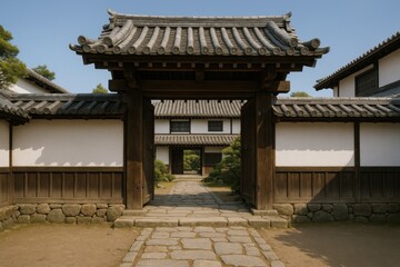 Fototapeta premium Traditional Samurai Residence in the Edo Period of Japan with White Plaster Walls, Wooden Gates, and Peaceful Gardens Showing the Quiet Strength of Feudal Architecture