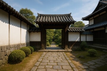 Traditional Samurai Residence in the Edo Period of Japan with White Plaster Walls, Wooden Gates, and Peaceful Gardens Showing the Quiet Strength of Feudal Architecture