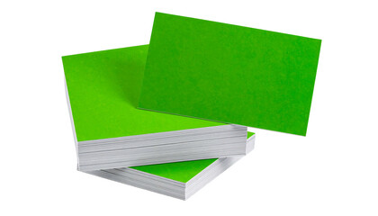 Stack of blank green business cards on white background.
