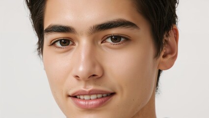 Portrait of young male with clear skin and well-groomed features showcasing skincare awareness and confidence against a neutral background